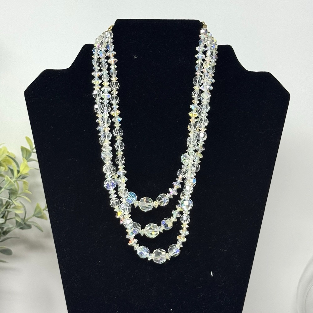 Vintage Lisner Aurora Borealis AB Crystal Necklace Triple Strand Faceted Beads